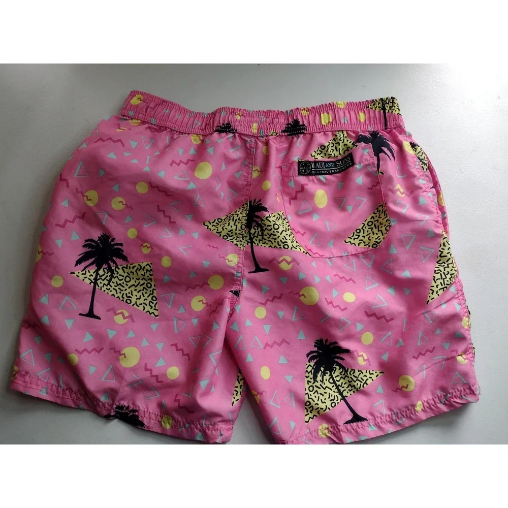 Maui and Sons Mens Pink 80s Retro Geometric Palm Tree Swim‎ Trunks XL